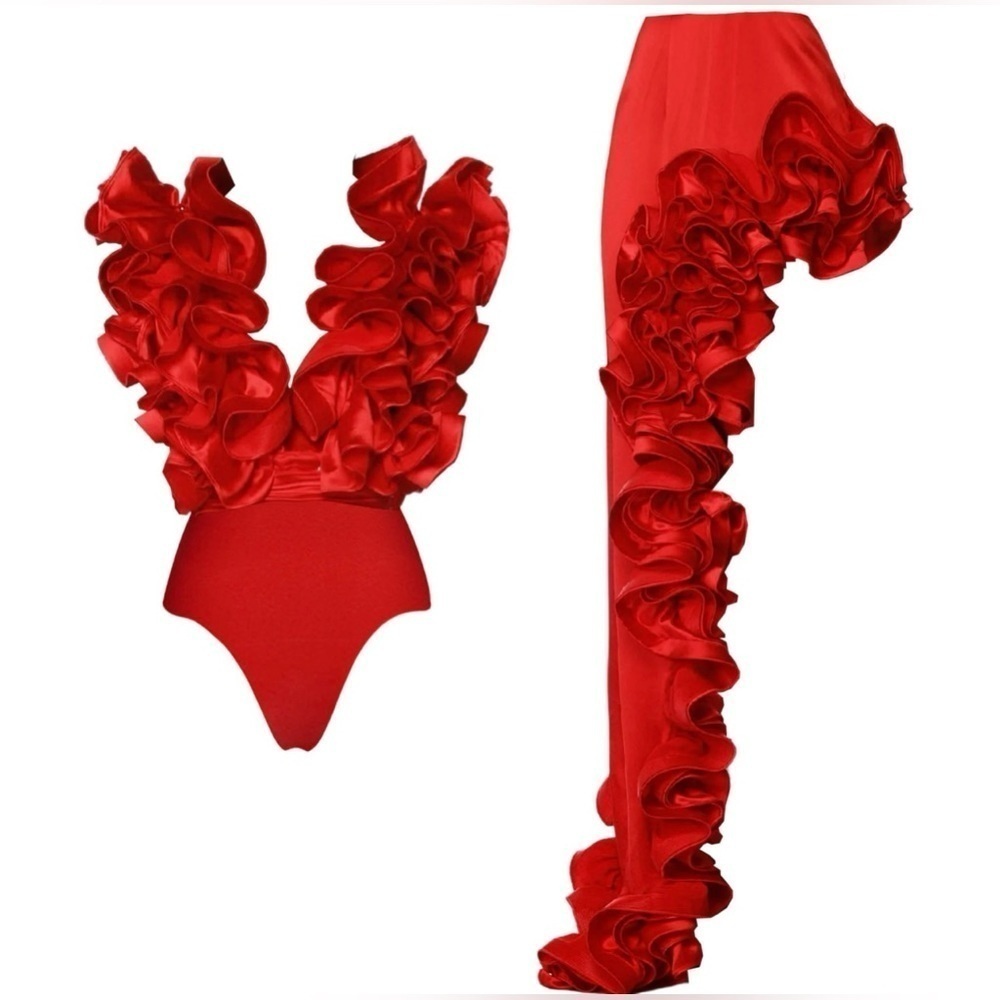 Ruby Red Luxury One Piece Swimsuit Set & Skirt Evening Gown Set - Picture 4 of 12